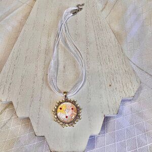 Floral Ribbon Necklace, Pendant Necklace, White Ribbon, Metal Flower Pendant,